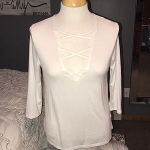White cross-cross front with 3/4 sleeves